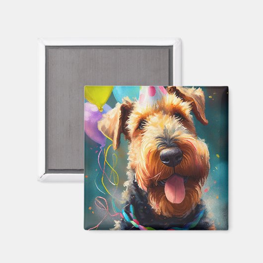 誕生日の帽子と風船を持つ愛犬 マグネット (正面/裏面)