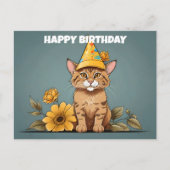 誕生日の帽子をかぶったアジアのゴールデンキャット ポストカード (正面)