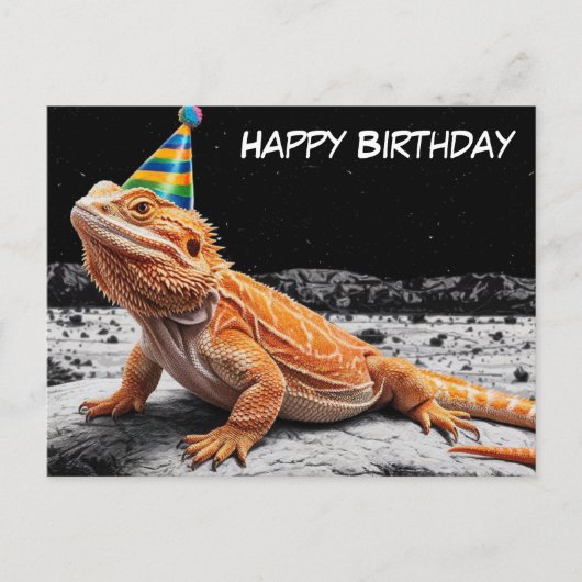 誕生日の帽子をかぶったヒゲドラゴンの誕生日 ポストカード (正面)