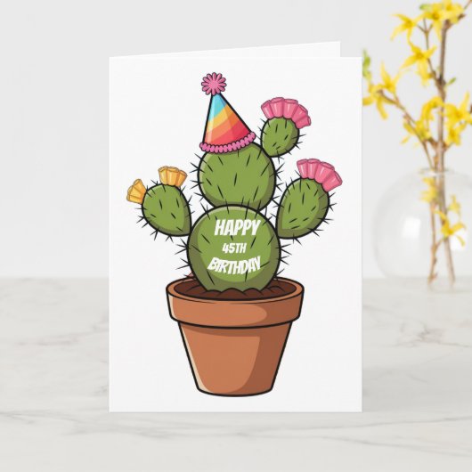 誕生日の帽子をかぶったポットに入ったとげのある梨サボテン カード (黄色い花)