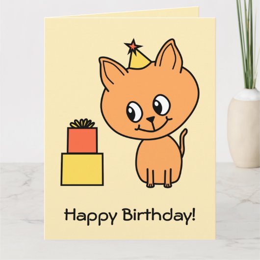 誕生日の帽子を身に着けているかわいいショウガの子ネコ カード (正面)