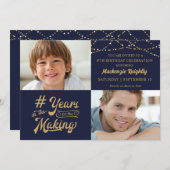 誕生日の年の作り2写真ネイビー金ゴールド 招待状 (正面/裏面)