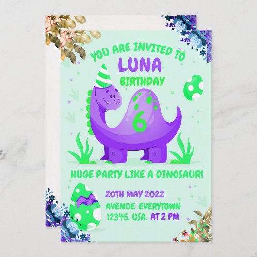 誕生日の恐竜の世界への招待 招待状 (正面/裏面)