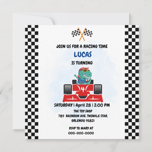 誕生日の恐竜レースカー少年 赤いレースの子供たちよ サンキューカード (正面)