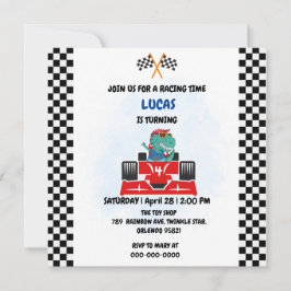 誕生日の恐竜レースカー少年 赤いレースの子供たちよ サンキューカード