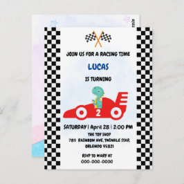 誕生日の恐竜レースカー少年 赤いレースの子供たちよ ポストカード