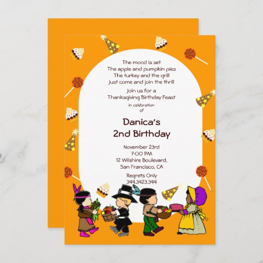 誕生日の感謝祭の子供のパーティの招待状 招待状 (正面/裏面)