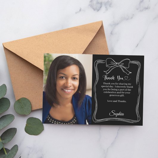 誕生日の手弓書白黒 サンキューカード