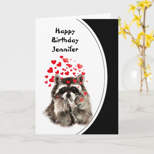 誕生日の抱擁及びキスのアライグマ動物のカスタム カード (黄色い花)