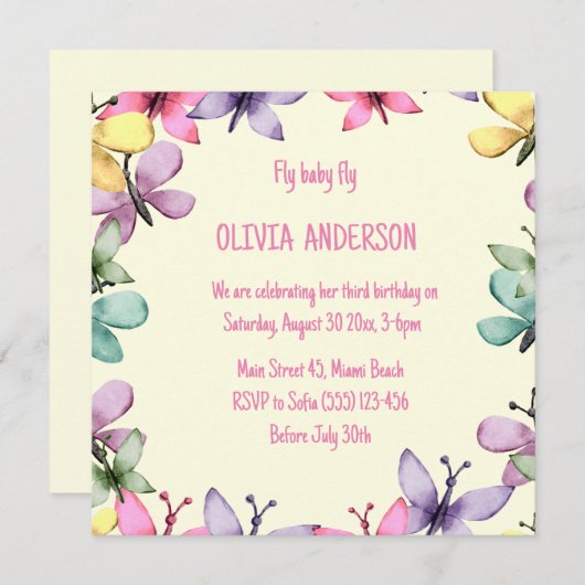 誕生日の招待をハッピーでスクエアなデザイン 招待状 (正面/裏面)