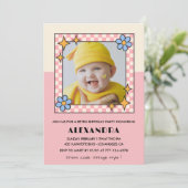 誕生日の招待レトロGroovyピンクの花 招待状 (スタンド正面)