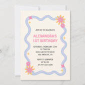 誕生日の招待レトロGroovyピンクの花 招待状 (正面)