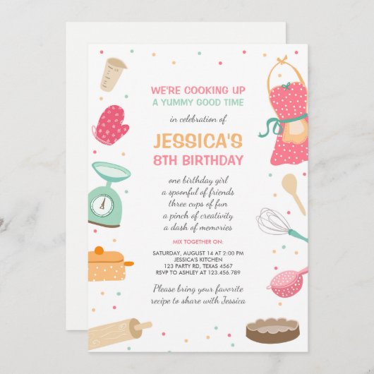 誕生日の招待状の台所ベーキングを調理している子供 招待状 (正面/裏面)
