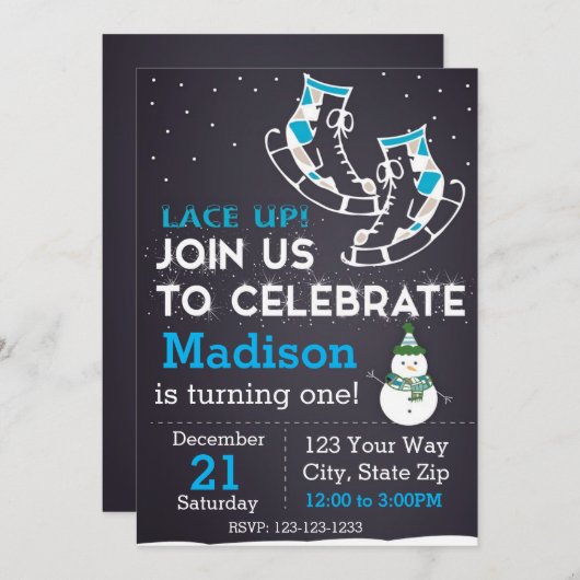 誕生日の招待状はアイススケートします(青い) 招待状 (正面/裏面)