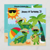 誕生日の招待状を泳いでいる夏のビーチのカメ 招待状 (正面/裏面)