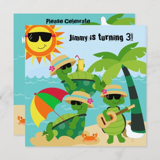 誕生日の招待状を泳いでいる夏のビーチのカメ 招待状 (正面/裏面)