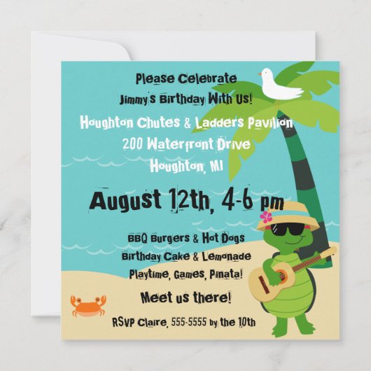 誕生日の招待状を泳いでいる夏のビーチのカメ 招待状 (裏面)
