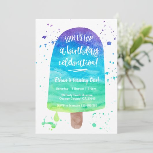 誕生日の招待状|の虹の水彩画のアイスキャンデー 招待状 (スタンド正面)