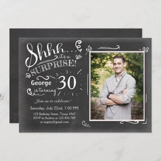 誕生日の招待30 Chalkboard 素朴 招待状 (正面/裏面)