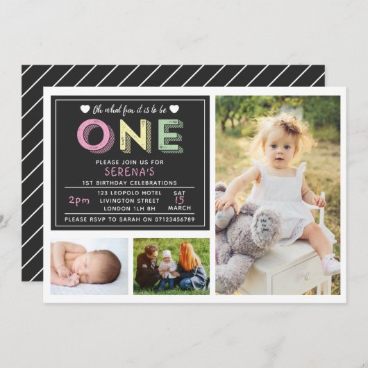 誕生日の招待 – 3枚の写真デザイン 招待状 (正面/裏面)