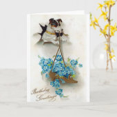 誕生日の挨拶かわいい犬と靴のヴィンテージ カード (黄色い花)