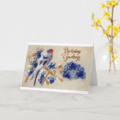 誕生日の挨拶ヴィンテージ生地鳥はがき カード (黄色い花)