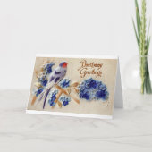 誕生日の挨拶ヴィンテージ生地鳥はがき カード (正面)