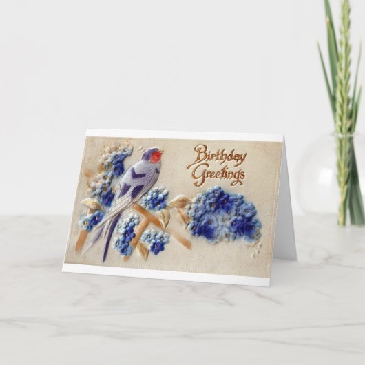 誕生日の挨拶ヴィンテージ生地鳥はがき カード (正面)