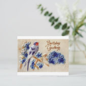 誕生日の挨拶ヴィンテージ生地鳥はがき ポストカード (スタンド正面)