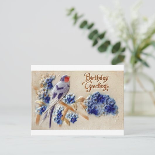 誕生日の挨拶ヴィンテージ生地鳥はがき ポストカード (スタンド正面)