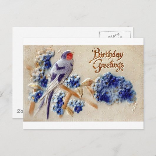 誕生日の挨拶ヴィンテージ生地鳥はがき ポストカード (正面/裏面)