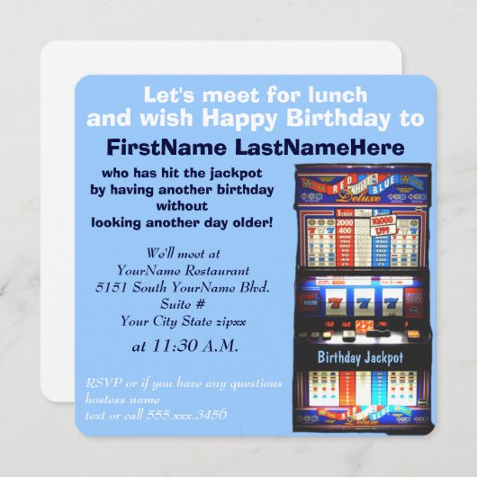 誕生日の昼食会のスロットマシンの大当たり 招待状 (正面/裏面)