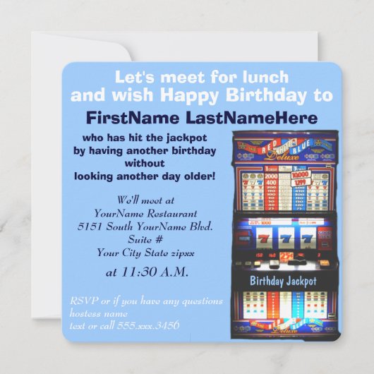誕生日の昼食会のスロットマシンの大当たり 招待状 (正面)