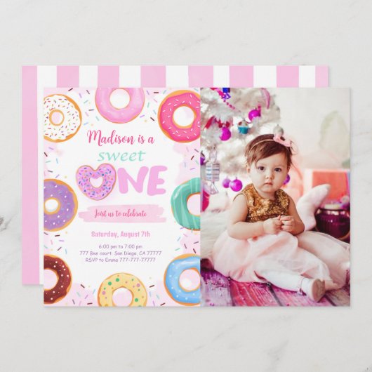 誕生日の最初のドーナツパーティー写真 招待状 (正面/裏面)