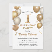 誕生日の最初の白と金ゴールドのグリッターバルーン 招待状 (正面)