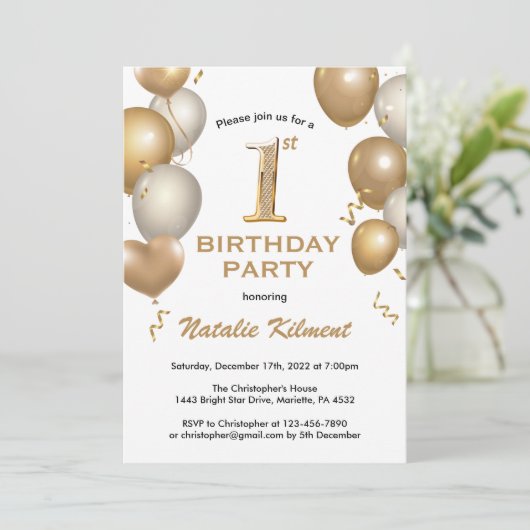 誕生日の最初の白と金ゴールドのグリッターバルーン 招待状 (スタンド正面)