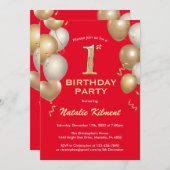 誕生日の最初の黒と赤のグリッター 招待状 (正面/裏面)