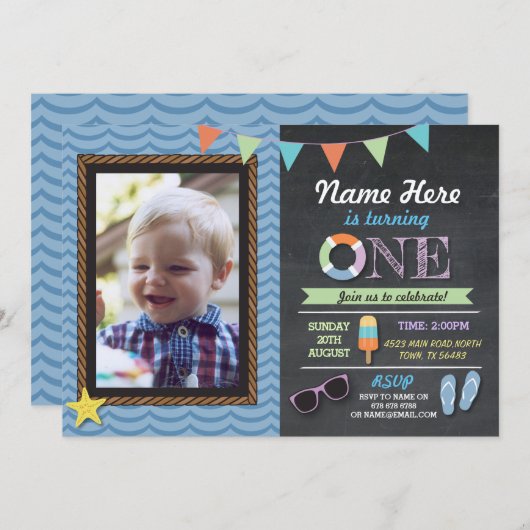 誕生日の最初写真のLollyのプールを囲んでのパーティの招待 招待状 (正面/裏面)