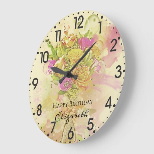 誕生日の水彩画の花の花束 ラージ壁時計 (傾斜)