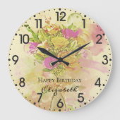 誕生日の水彩画の花の花束 ラージ壁時計 (正面)
