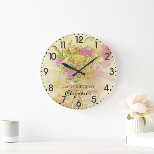 誕生日の水彩画の花の花束 ラージ壁時計 (ホーム)