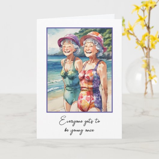 誕生日の水着の老婦人 カード (黄色い花)