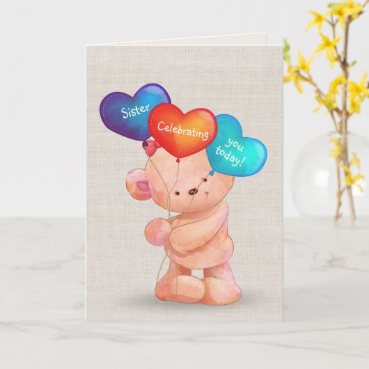 誕生日の熊と風船 カード (黄色い花)