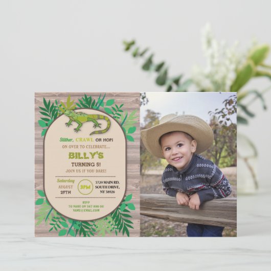 誕生日の爬虫類の子供の誕生日トカゲクロール 招待状 (スタンド正面)