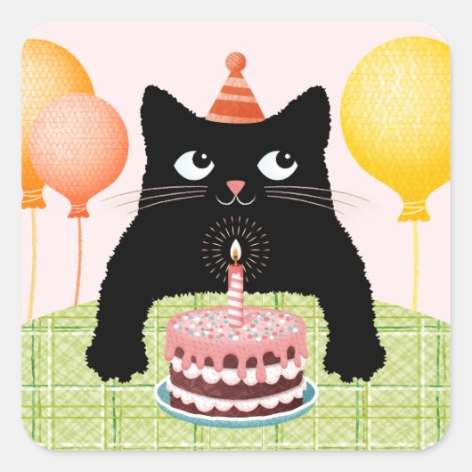 誕生日の猫とケーキとパーティ風船 スクエアシール (正面)