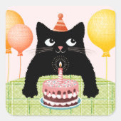 誕生日の猫 ケーキと風船付き スクエアシール (正面)