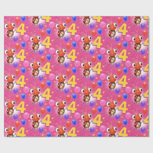 誕生日の男の子または女の子の年齢4のてんとう虫の包装紙 ラッピングペーパー (フラット)