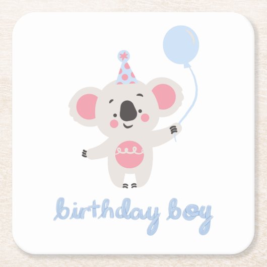 誕生日の男の子テディベア風船を持って スクエアペーパーコースター (正面)