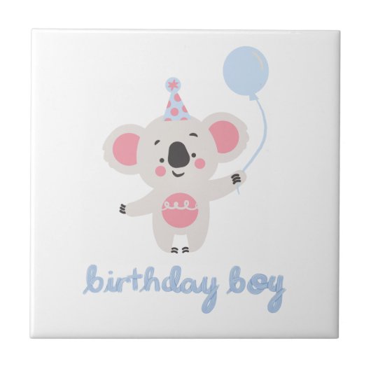 誕生日の男の子テディベア風船を持って タイル (正面)