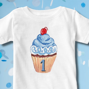 誕生日の男の子ブルーカップケーキ ベビーTシャツ